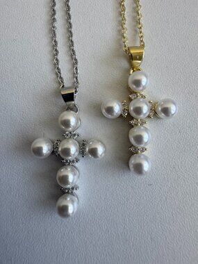 925 Sterling Silver Pearl Cross Necklace Gold\  Silver ✨ CZ New